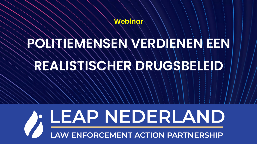 Webinar banner announcing 'Politiemensen verdienen een realistischer drugsbeleid' for LEAP Netherlands
