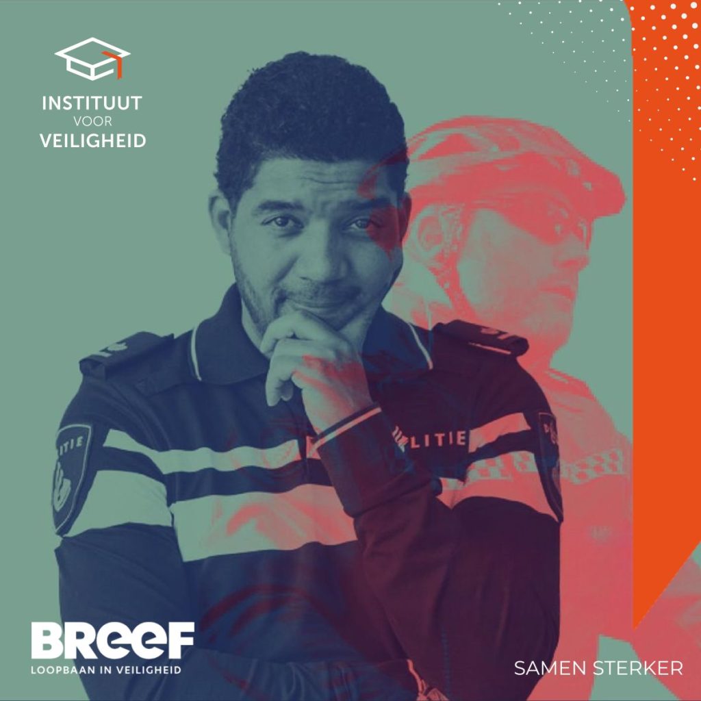 Promotional graphic for Instituut voor Veiligheid featuring a male police officer in uniform with teal and orange color overlays, plus the logo and the slogan 'Samen Sterker'