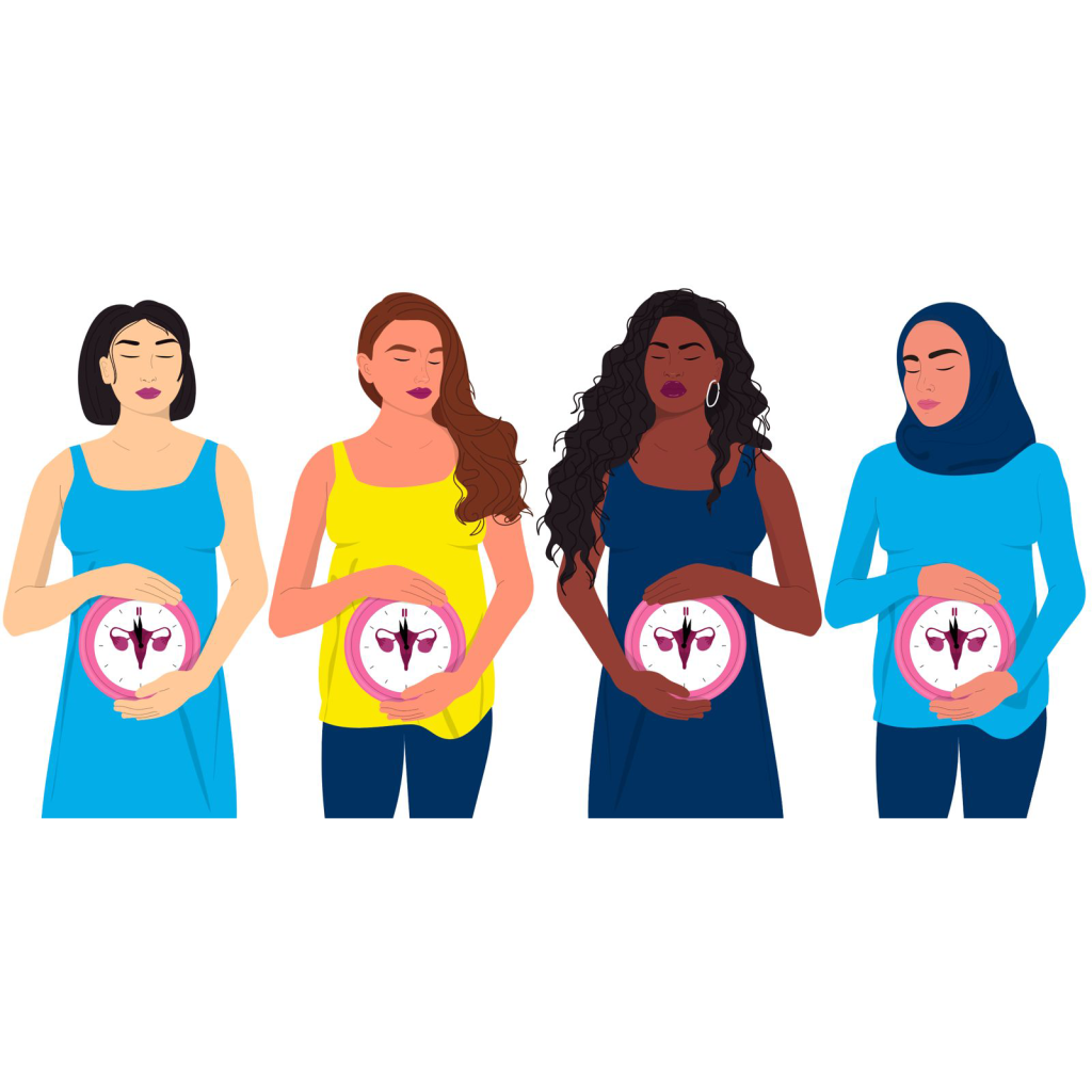 Four diverse women standing side by side, each holding a pink scale with a uterus illustration at the center of the scale