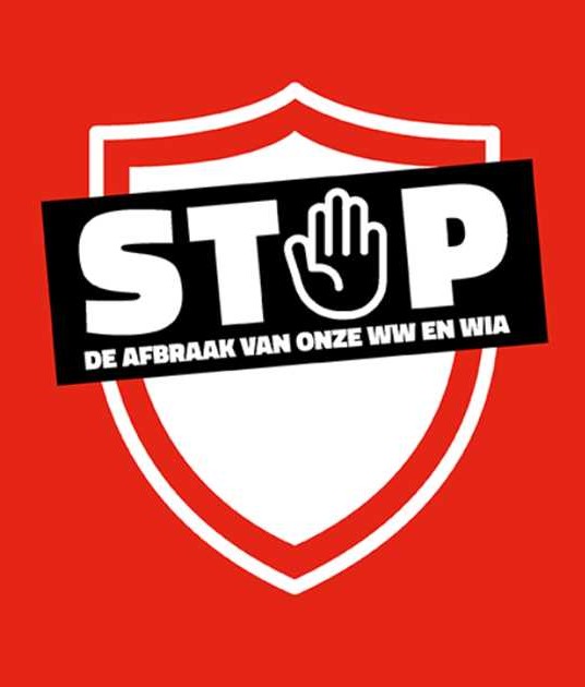 Red poster with a white shield motif and a black 'STOP' banner featuring a raised hand, protesting cuts to WW and WIA benefits.