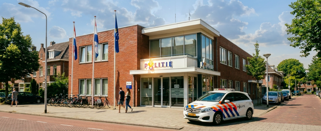 Exterior of a brick police station with 'POLITIE' sign, flagpoles, bikes parked outside, and a white patrol car on the street.