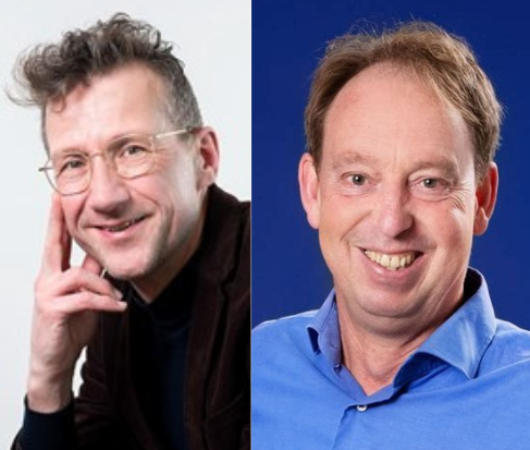 Two men shown side by side: left man with glasses and tousled hair touching his face; right man in a blue shirt smiling.