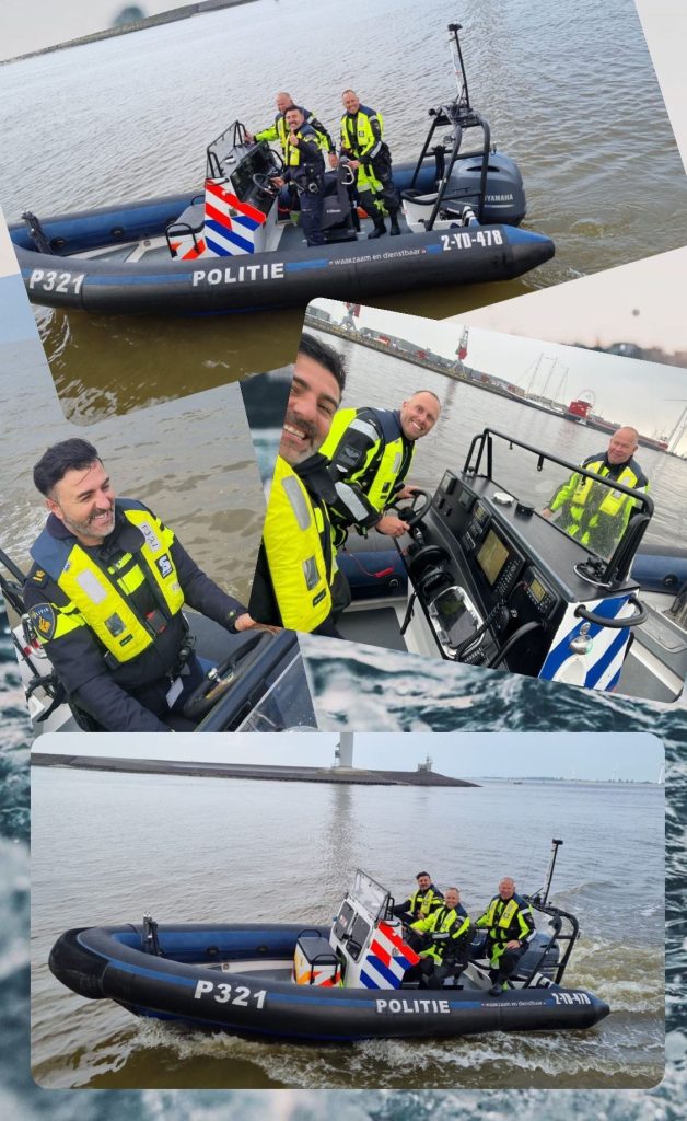 Police rib boat with 4 officers in high-visibility jackets on the water, Dutch politie markings visible