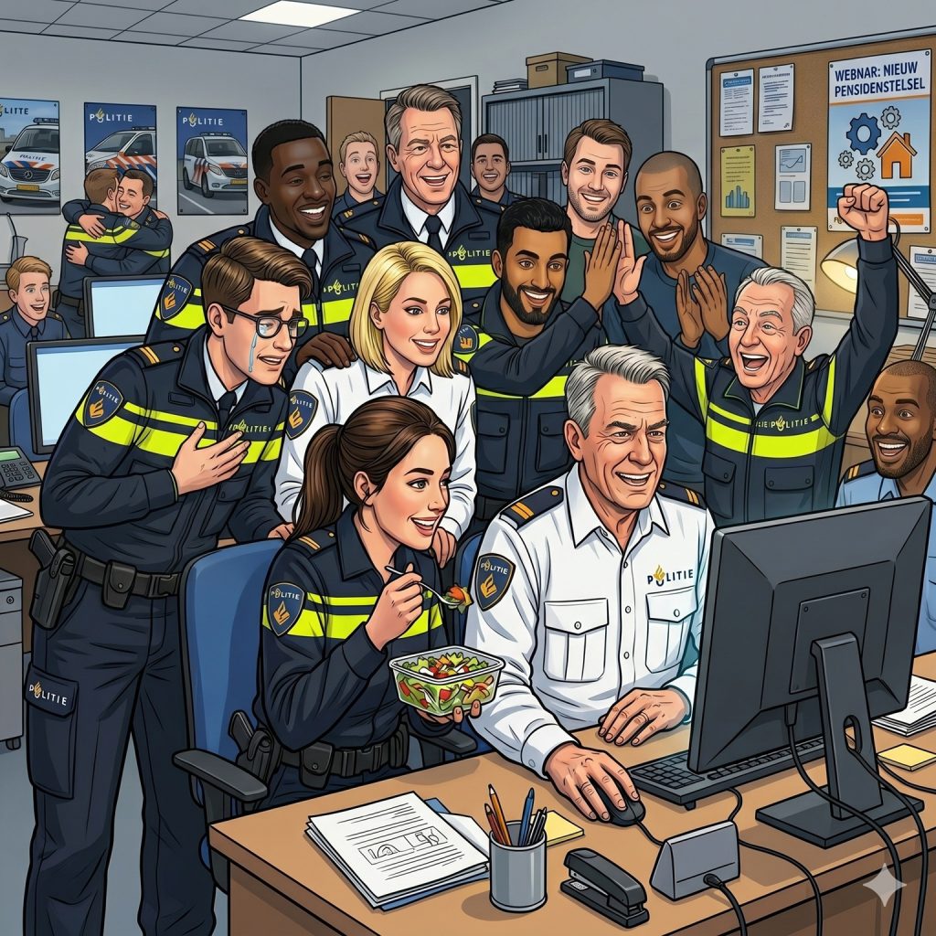 Group of police officers celebrating around a desk computer, one woman eating salad while others cheer in a busy office.