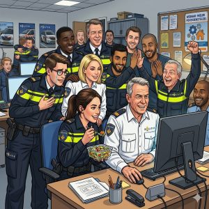 Group of police officers celebrating around a desk computer, one woman eating salad while others cheer in a busy office.