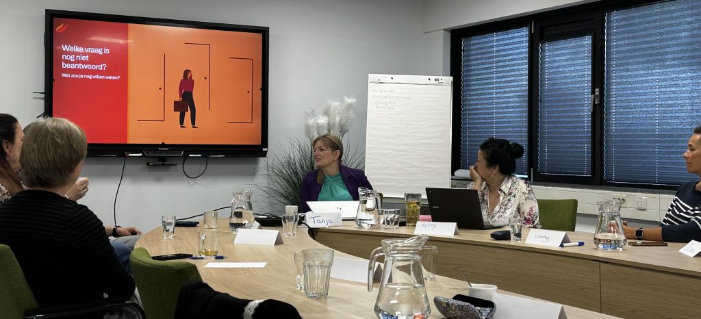 A conference room with people seated around a table, a large orange presentation screen on the left showing Dutch text, a white flipchart, and name cards reading 'Tanja' and 'Patty' on the table.