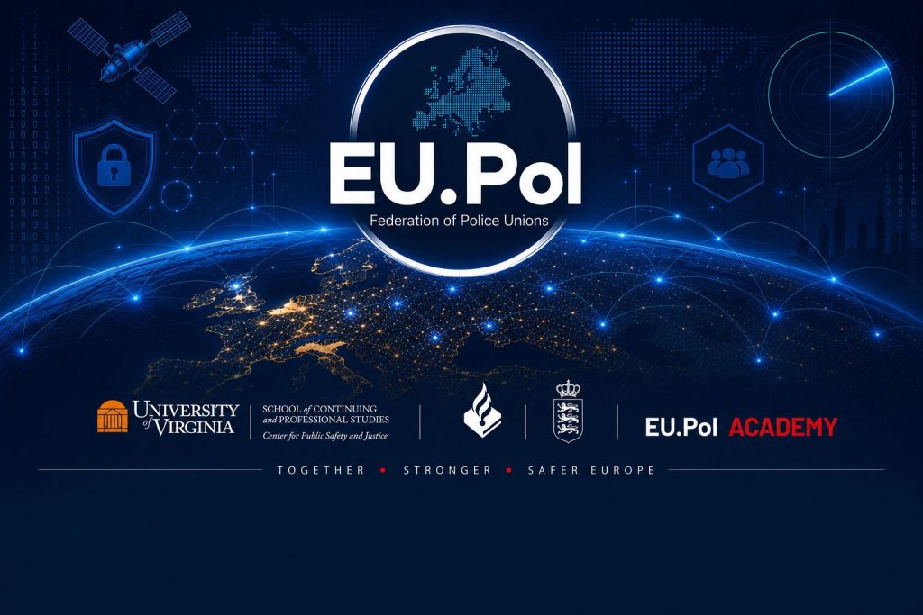 Banner for EU.Pol Academy: blue global security theme with world map; includes 'EU.Pol Federation of Police Unions' and partner logos (University of Virginia, UK crest) and 'Together Stronger Safer Europe' tagline.