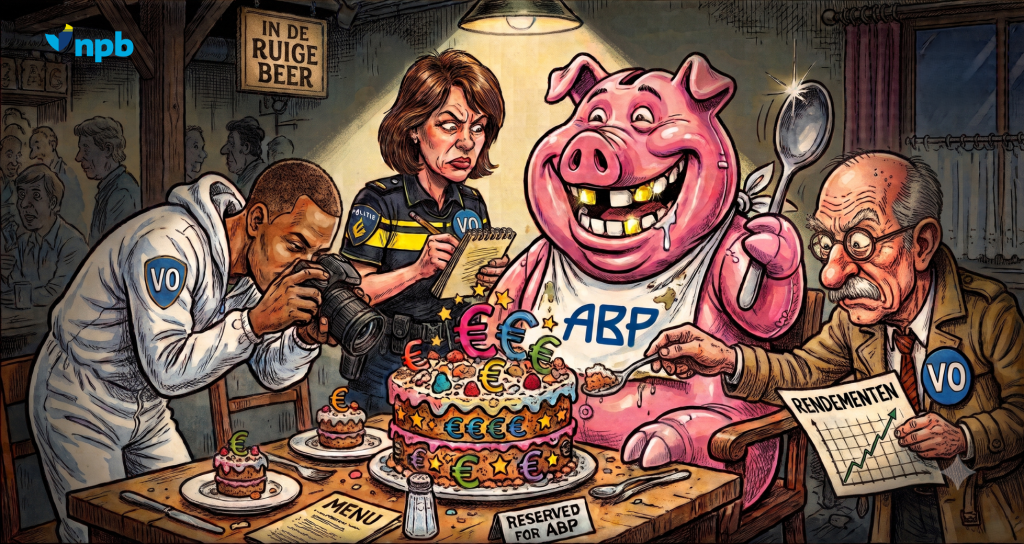 BEER DEF - Nederlandse Politiebond Cartoon scene with a pink piggy bank wearing a bib marked ABP, surrounded by Euro symbols on a cake, a journalist taking photos, and an elderly man holding a chart—satirical take on pension reform and funding.