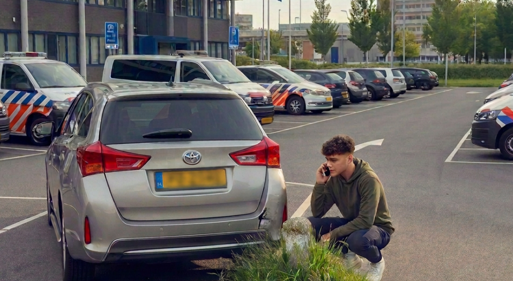 Young man kneeling beside a silver Toyota in a parking lot, talking on his phone near a grassy patch.
