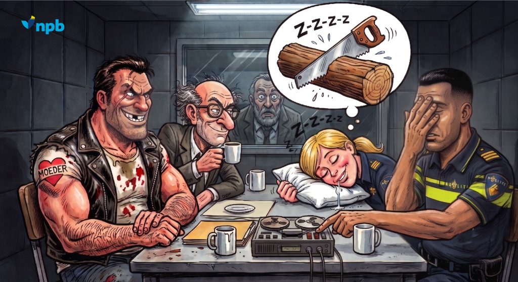 Het onderbroken verhoor NPB JPG - Nederlandse Politiebond Cartoon shows four men around a table; a sleeping nurse rests with a hand on her pillow as a saw-cut log looms in a speech bubble, implying threat or coercion.