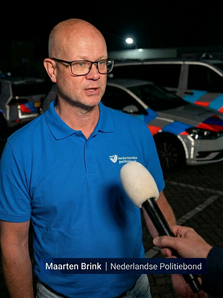 Man in a blue polo being interviewed at night, police cars in the background; caption shows Maarten Brink, Nederlandse Politiebond.