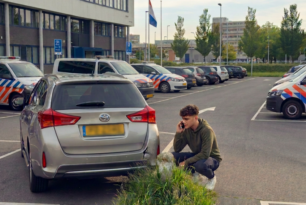 Schade - Nederlandse Politiebond Young man crouches beside a silver SUV in a police parking lot, talking on his phone.