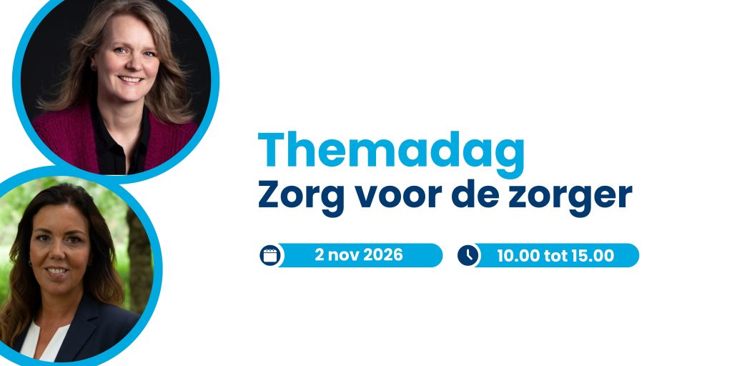 Event banner for Themadag: Zorg voor de zorgger, with two circular portraits on the left and date/time details on the bottom; date 2 nov 2026, 10:00–15:00.