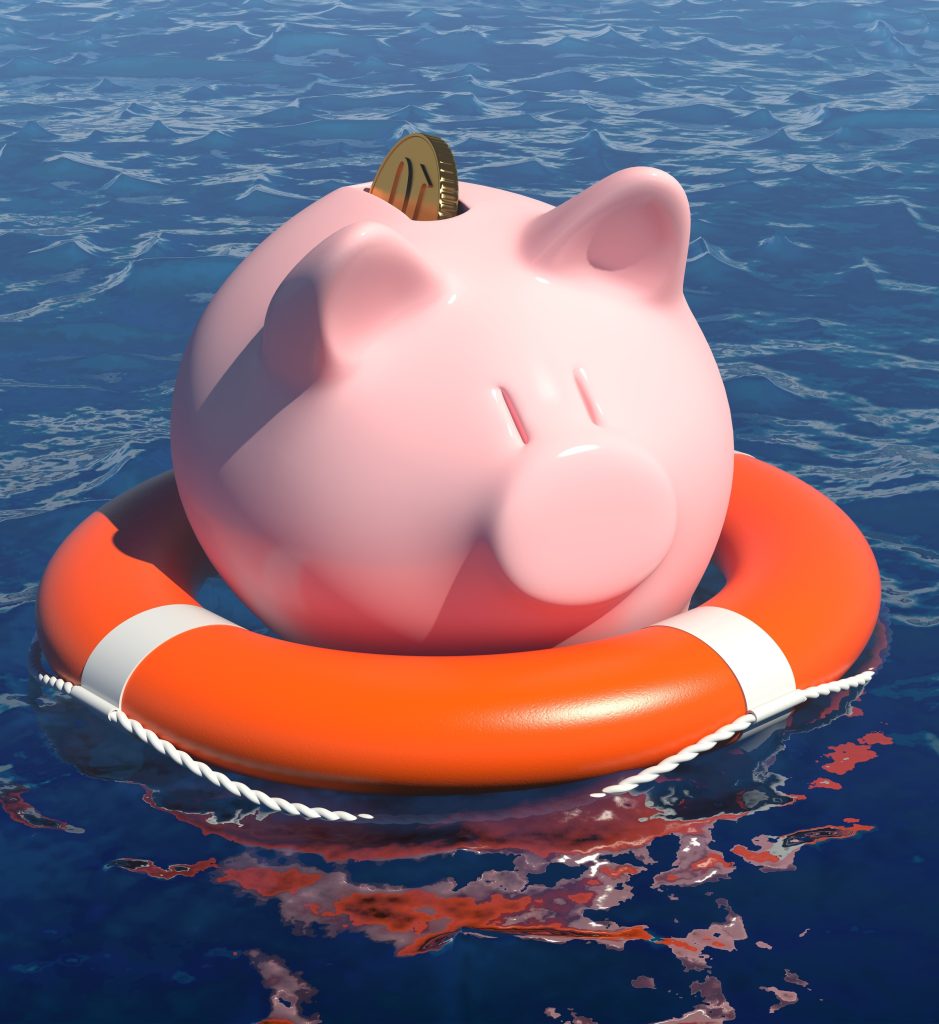 Pink piggy bank floating in a blue ocean with a coin inserted into its slot, surrounded by an orange lifebuoy.